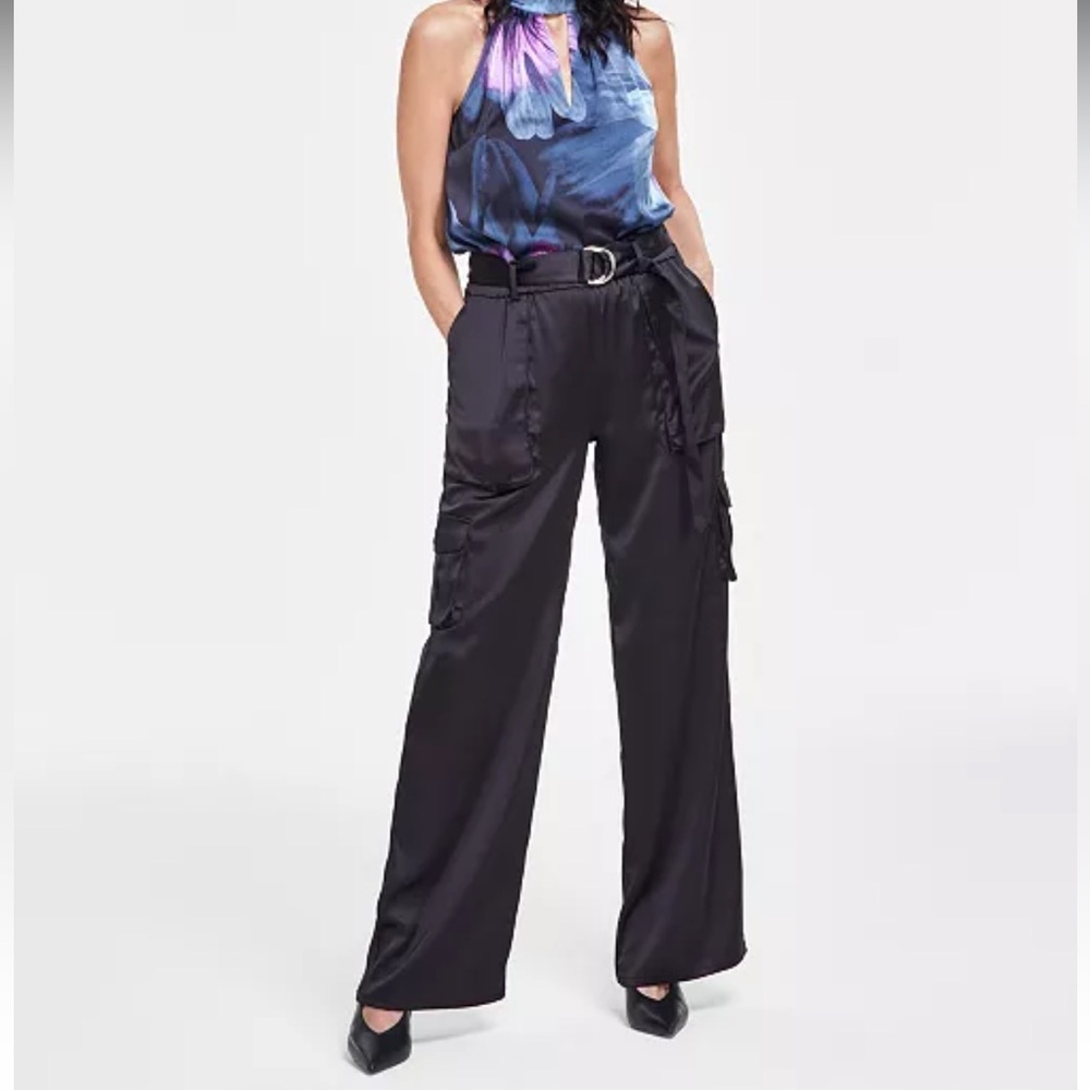 Black Satin Wide-Leg Cargo Pants